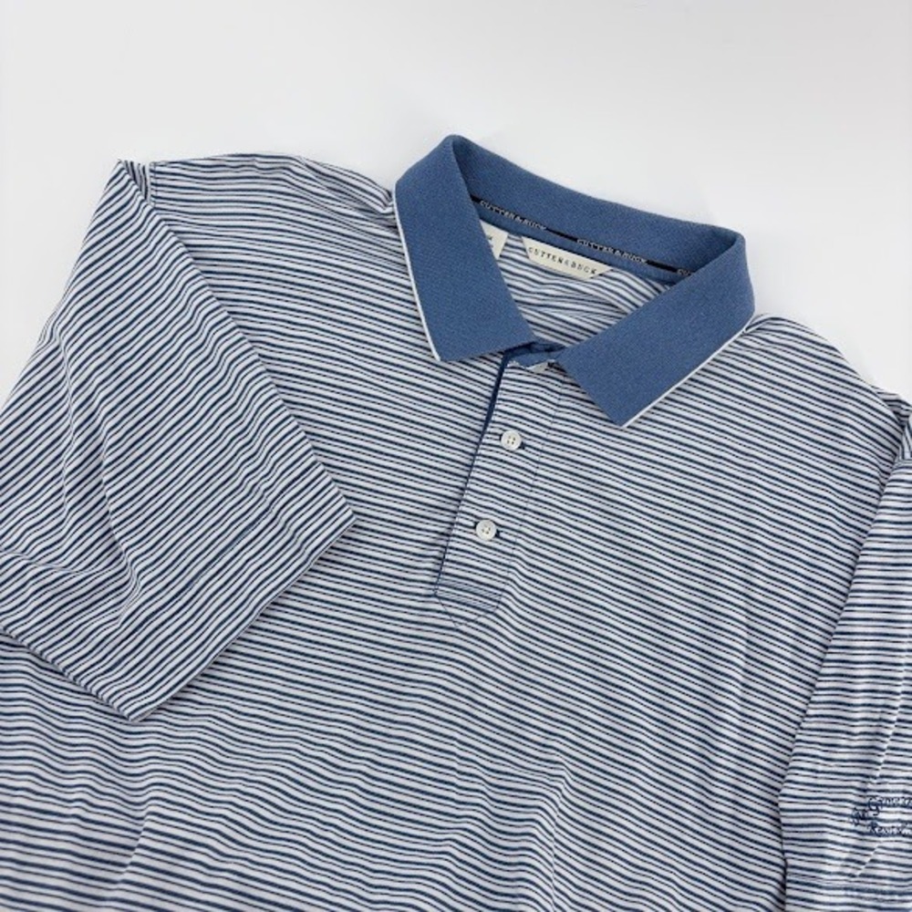 Cutter and Buck  Polo Shirt Mens‎ Medium Striped Blue White Golf Resort Logo
